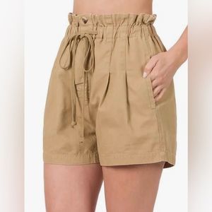 NWOT Zenana 100% cotton khaki colored paper bag/safari shorts with drawstring.
